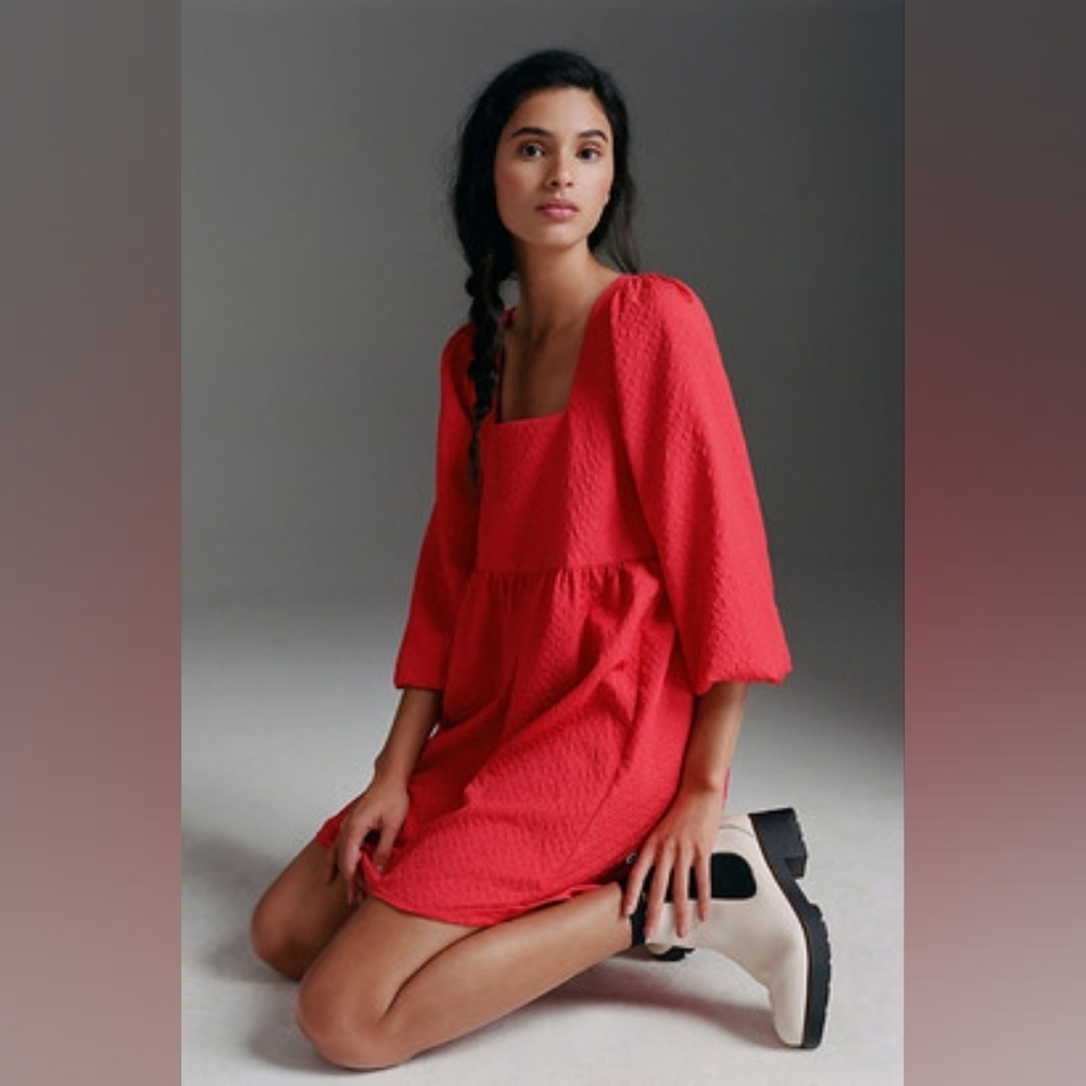 Anthropologie Amadi Esther Quarter Sleeve Mini Oversized Red Dress Size Small.